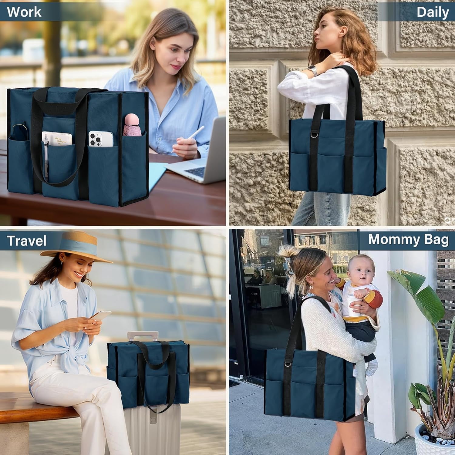 mirlewaiy Large Tote Bag for Women Waterproof with 12 Pockets Top Zipper Closure Utility Teacher Nurse Bags for Work School-Dark Blue