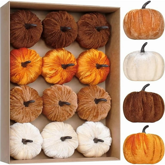 Super Holiday 12PCS Artificial Velvet Pumpkins Decor, 4 Colors Foam Faux Flocked Pumpkins Decoration for Fall Harvest Theme Party Wedding Halloween Thanksgiving Table Decor.