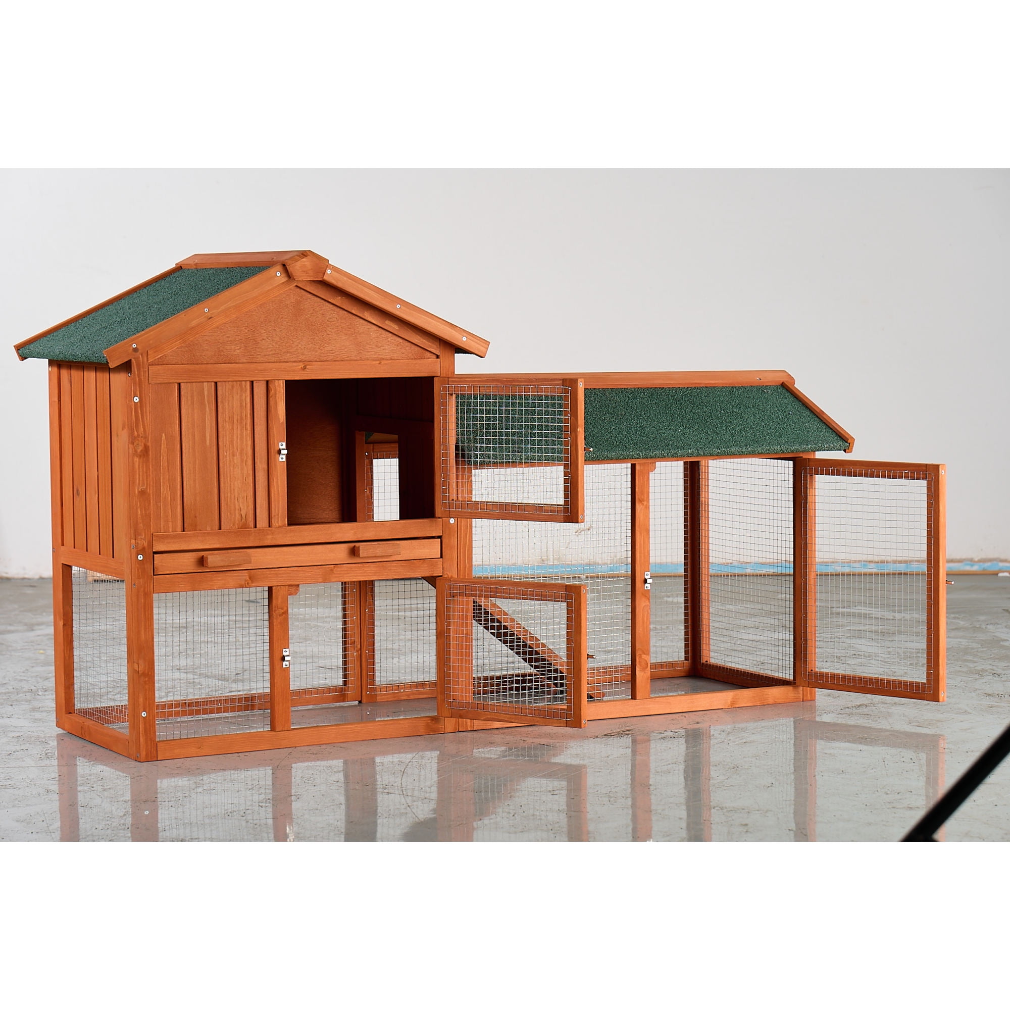 Jopath Large Wooden Rabbit Hutch, 2-Story Outdoor Bunny Cage with Waterproof Asphalt Roof, Pull-Out Tray and Ramp,Fir Wood Pet House for Rabbits,Chickens,Guinea Pigs (Brown & Green)