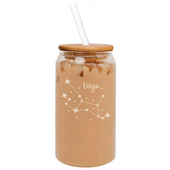 16oz Can Shaped Glass Iced Coffee Cup with Bamboo Lid and Straw Gift Star Zodiac Horoscope Constellation (Virgo)