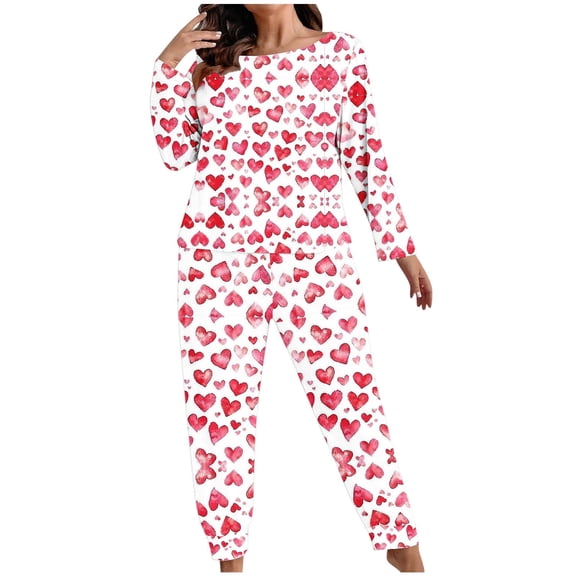 FDGIU ‌‌‌‌Women's Plus Size Valentine Pajama Set - 2 Piece Long Sleeve Button Down Sleepwear with Heart Print