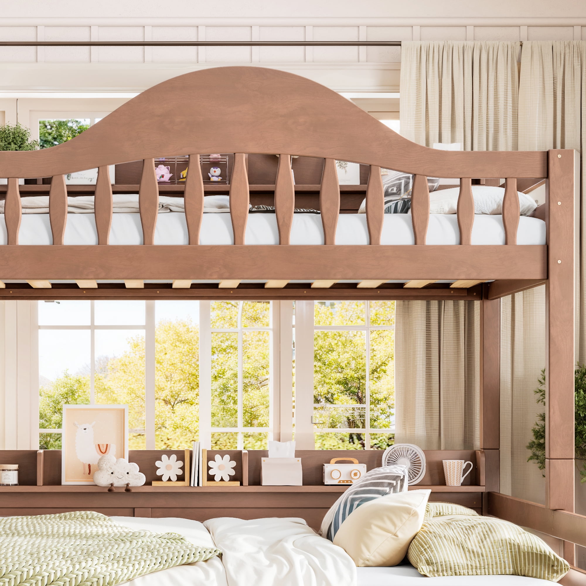 Leumius Twin XL over Queen Bunk Bed with Storage Drawers, Chic Curved Guardrail & Side Storage Shelves, Bunk Bed Frame with Ladder Deep Natural