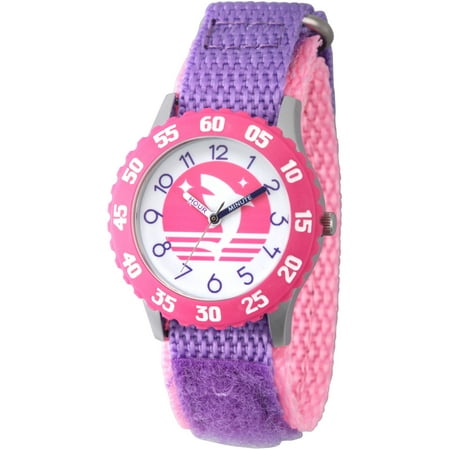 Discovery Channel Shark Week Girls' Stainless Steel Time Teacher Watch, Pink Bezel, Purple Hook and Loop Nylon Strap with Pink Backing