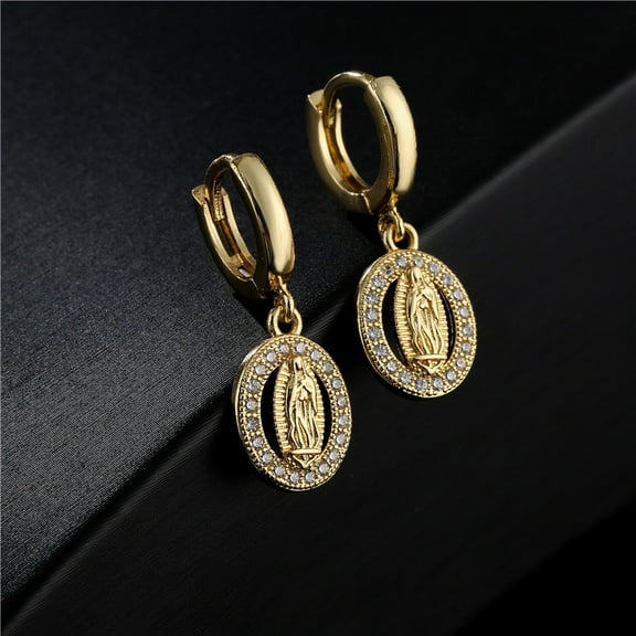 14K Yellow Gold Religious Women Drop Earrings, High Quality Virgin Mary Pendant Earrings With CZ Stone,Elegant Jewelry Gift