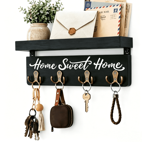 Wall-Mounted Key and Mail Holder, Wooden Key Rack with 4 Double Key Hooks, Rustic Home Decor for Entryway