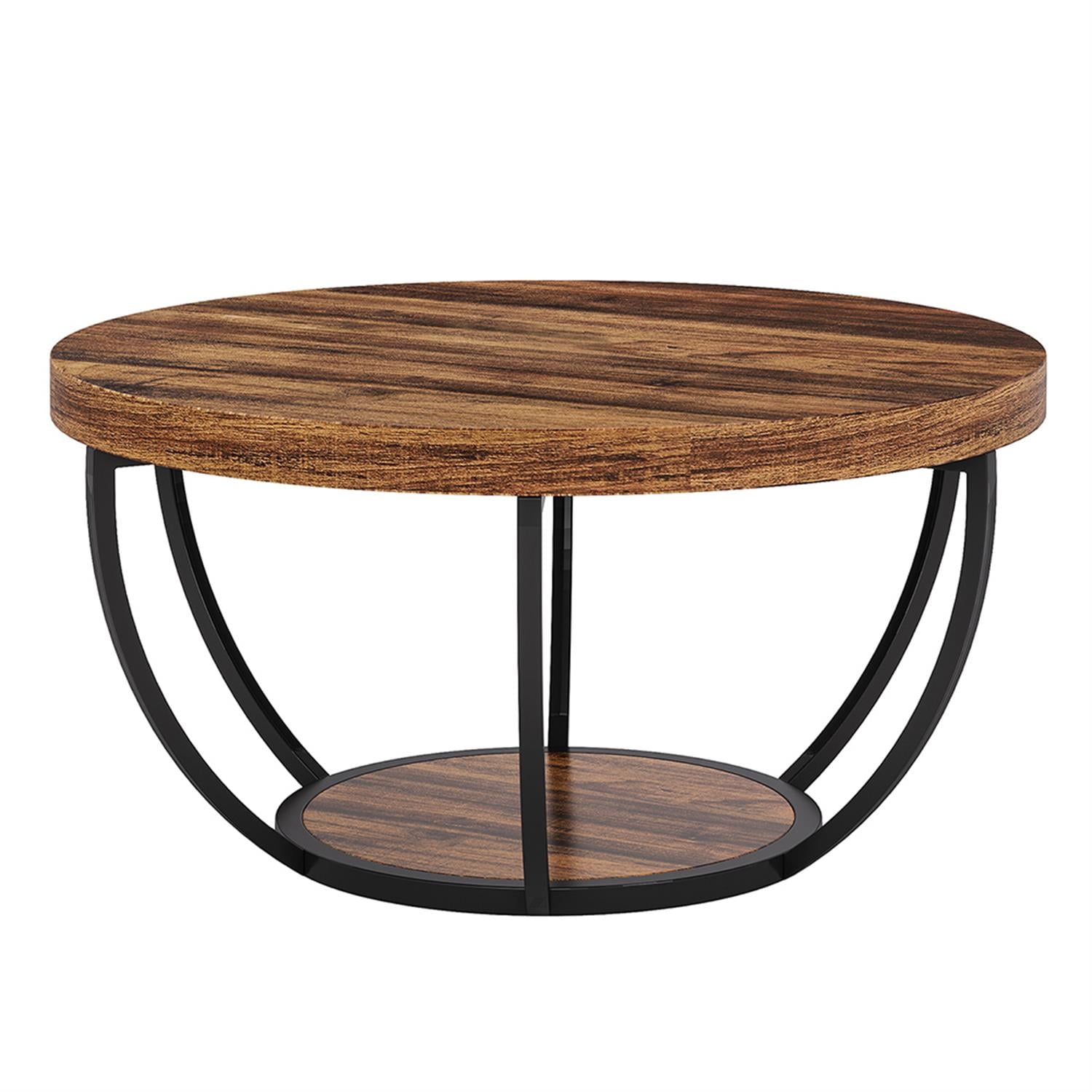 Demi Bonn Wooden Coffee Table, 2-Tier Round Central Cocktail Table with Shelves for Living Room, Rustic Brown