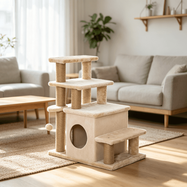 Adjustable Cat Stairs Scratching Post & Toy Ball, 3/4-Step Design, for Bed & Sofa, Beige