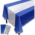 thumbnail image 1 of Mantel azul marino JAMW con lentejuelas plateadas 12x108 pulgadas y manteles de plástico 54x108 pulgadas, 1 of 5