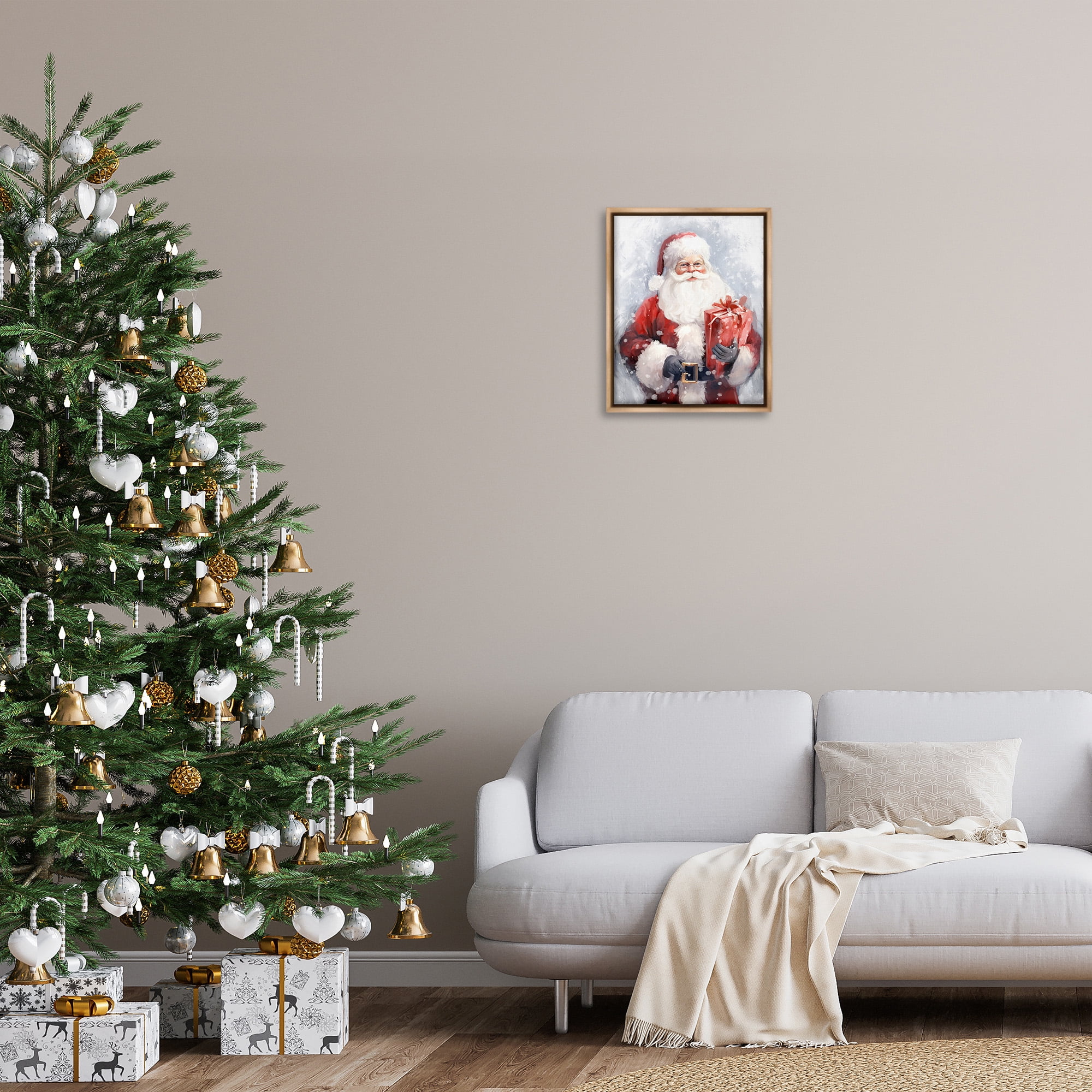 Stupell Industries Santa with Red Gift Holiday Painting Brown Floater Framed Canvas Art Print Wall Art, 17 x 21