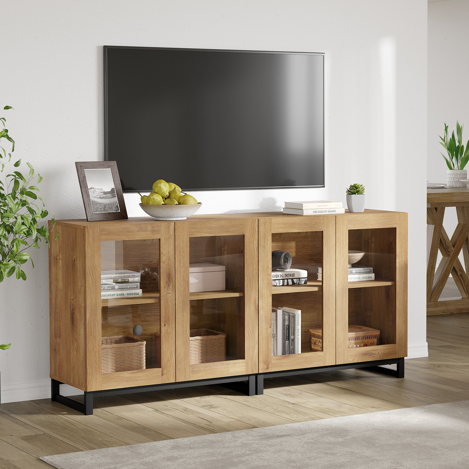 WAMPAT 63 Inch TV Stand with Glass Doors for 32-70 inch TVs, Modern Entertainment Center TV Console with Adjustable Shelves for Living Room, Bedroom, Oak