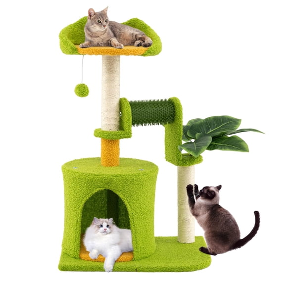 Palm Small Cat Tree,Cute Cat Tower with Sisal Scching Posts,Top Perch,Condo,Self Groomer,Dangling Ball,Compact Activity Center for Apartment Living,Indoor Playhouse for Kittens and Small Cats,Green