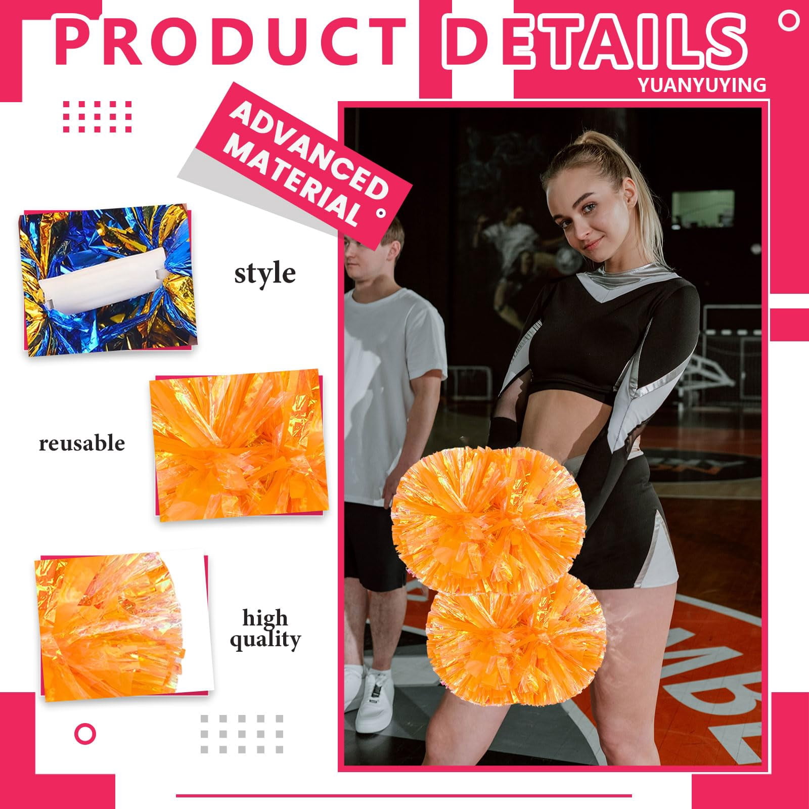 Cheerleading Pom Poms 14 Pcs with Handle Style, Handheld Squad Pompoms for Sports Team Cheer Spirit Games Dance Party Adults