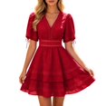 thumbnail image 2 of KHONTS Women's Summer Dress Hollow out Lace V-Neck Puff Short Sleeve A-Line Layered Short Dresses Red XL, 2 of 4