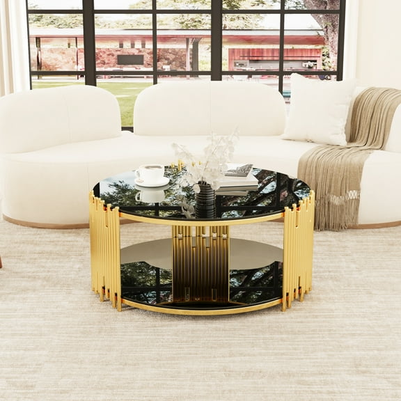 Modern minimalist light luxury style stainless steel circular coffee table, black tempered glass countertop, living room coffee table