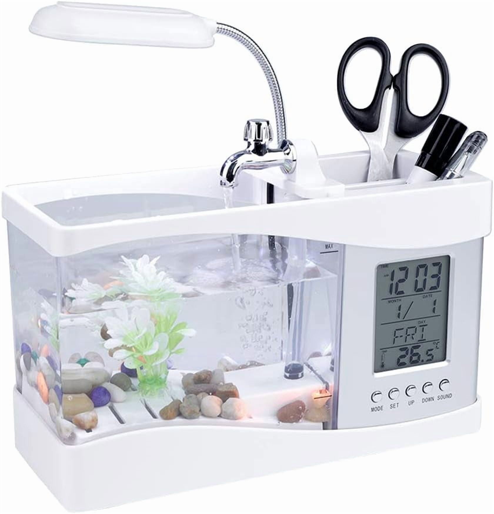 USB Rechargeable Mini Fish Tank with LED Clock Temp Display, Black White, (White)