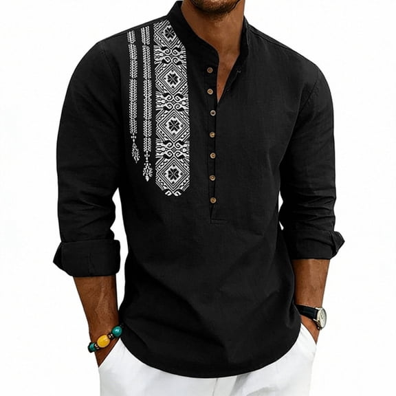 GrmtClth Mens Linen Shirt Long Sleeve Button Beach Shirt Casual Solid Plain Wedding Shirt Banded Collar Summer Tops Black 3XL