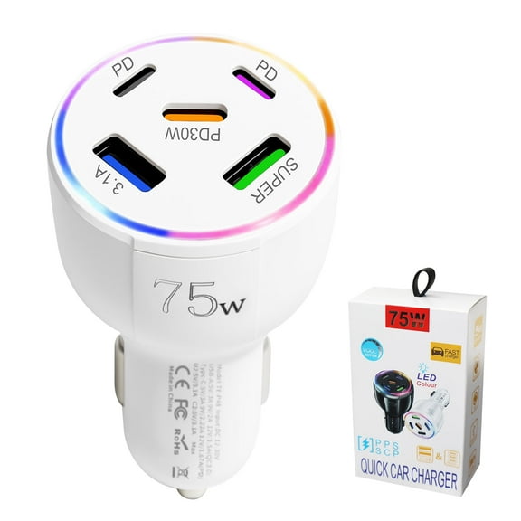 75W 5-Port Car Charger with Color Mood Light, 3x USB-C & 2x USB Car Phone Fast Charger Adapter, 12V Cigarette Lighter Socket for All Vehicles