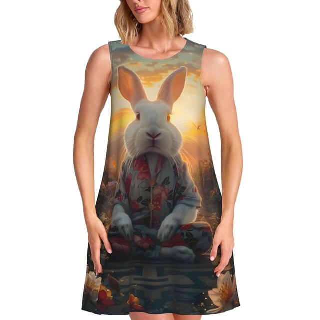 Fotbe Flower Meditating Rabbit Vestido de Verano sin Mangas para Mujer – Vestido Midi Línea A, Estilo Camiseta Floral, Vestido Playero Casual y Fluido