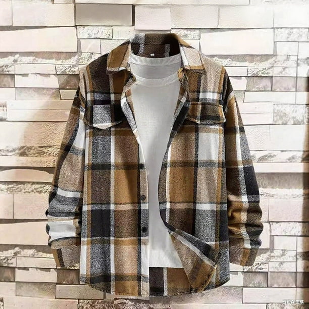 Blusa y camisa de manga larga con cuello vuelto para hombre, informal, de manga larga, con solapa, estampado a cuadros, botones, bolsillo falso, chaqueta, blusa de poliéster para hombre