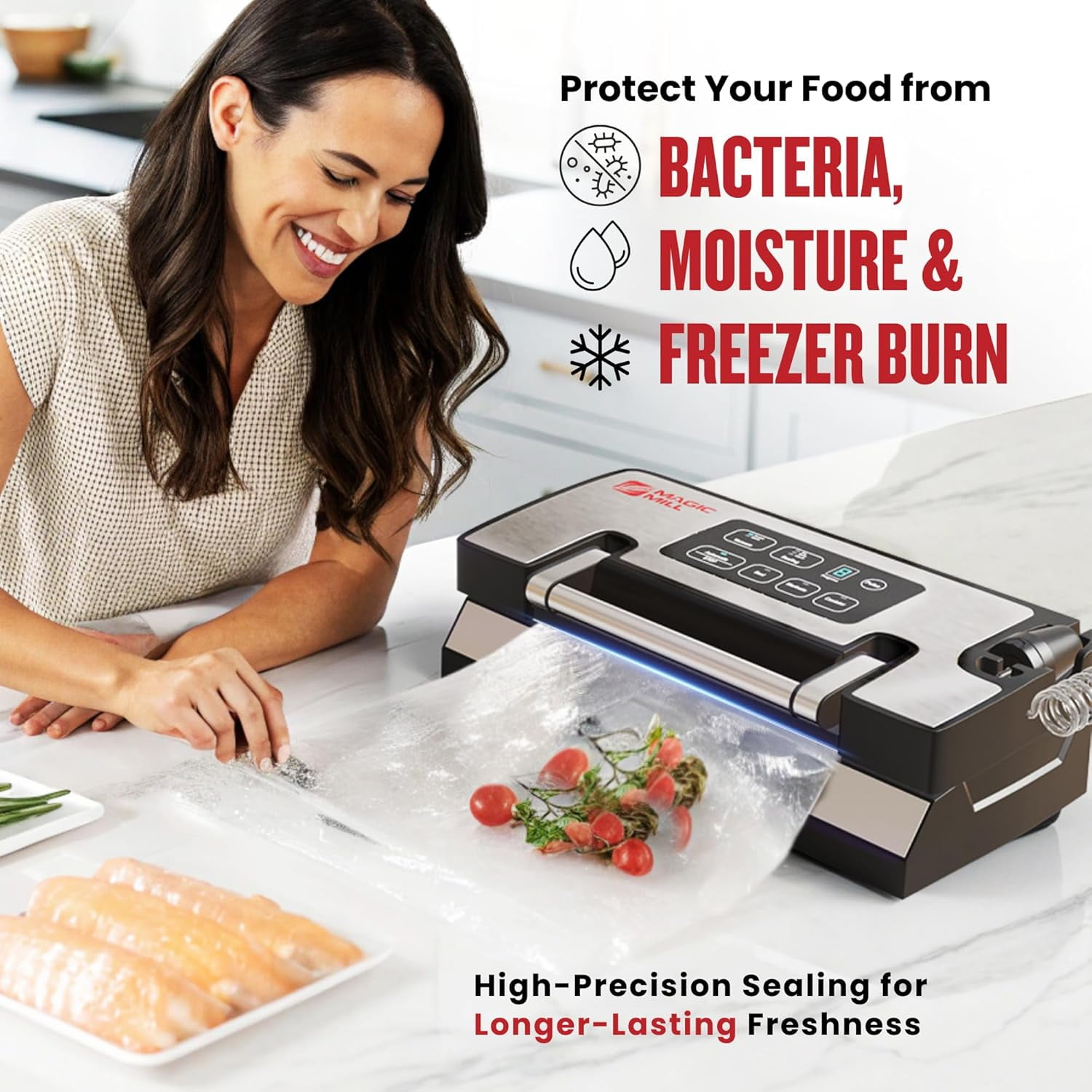 Magic Mill Premium Vacuum Sealer, Bag Sealer with Patent Liquid Sealing Technology, Easy Lock Handle, Multi-Mode Food Preservation Vacuum Sealer Machine