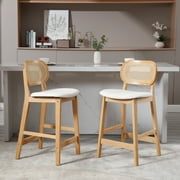 Guyou Rattan Counter Height Bar Stools Set of 2, Mid-Century Modern Wooden Farmhouse Bar Stools, Linen Upholstered Kitchen Island Barstools for Breakfast Bar Bistro, Beige