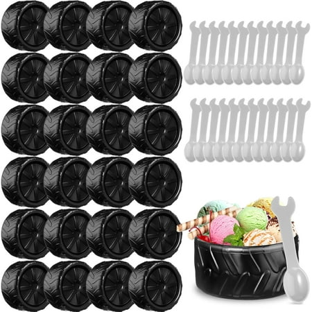 12 Sets Truck Wheel Ice Cream Bowls Spoon Set, Plastic Race Car Party Frozen Yogurt Cups with Spoons Sturdy Truck Tire Ice Cream for Race Car Theme Party Favor Kids Gift