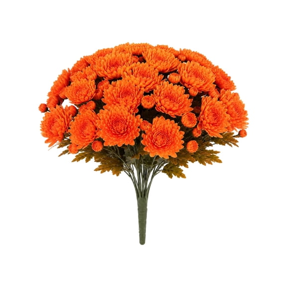 Artificial Fall Mums, Orange Chrysanthemum Bush 37cm, UV Resistant Silk Flowers for Outdoor Planter Porch Patio Decor