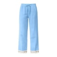 thumbnail image 5 of Cagogo Women Cotton Linen Straight Elastic Waist Pants with Pockets Solid Casual Ankle Trousers Lounge Work Beach Clothes, Blue L, 5 of 5