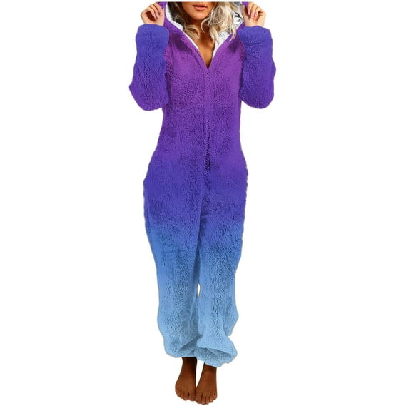 Women's Fuzzy One Piece Pajama Warm Winter Pajamas Ombre Fleece Jumpsuits with Hood Zip Up Plush Romper Loungewear