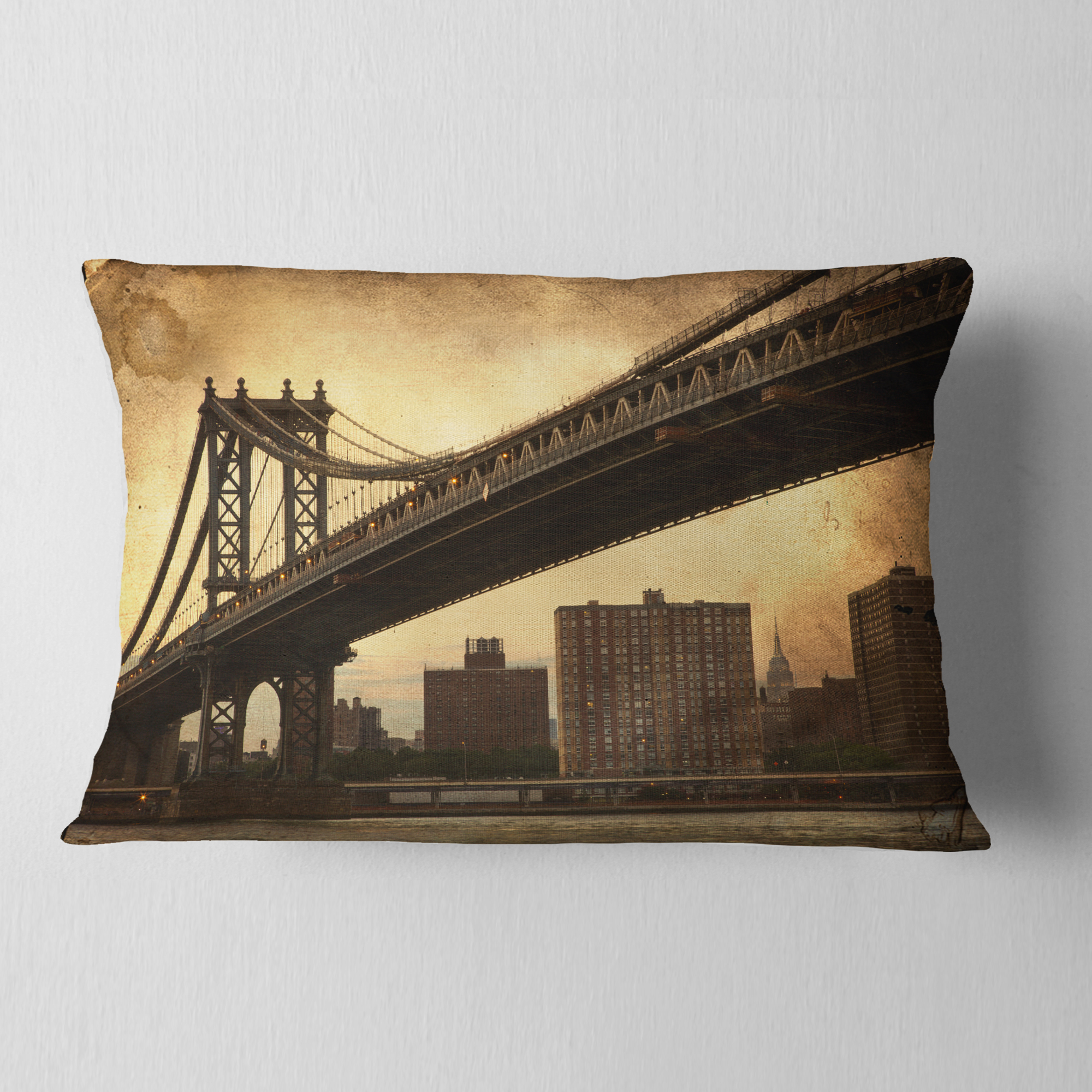 Designart Dark Manhattan Bridge - Photography Throw Pillow - 12x20