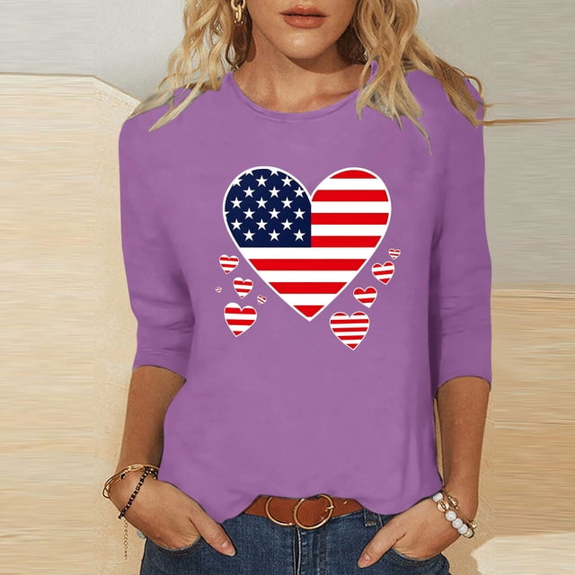 Weiqiqre Hauts pour Femmes Tendance T-Shirts du 4 Juillet pour Femmes Manches 3/4 T-Shirt Grande Taille Col Rond Hauts en Coton Doux