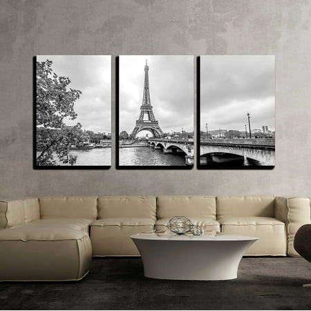 wall26 - 3 Piece Canvas Wall Art - Paris Eiffel Tower from Seine. Cityscape in Black and White - Modern Home Decor Stretched and Framed Ready to Hang - 16