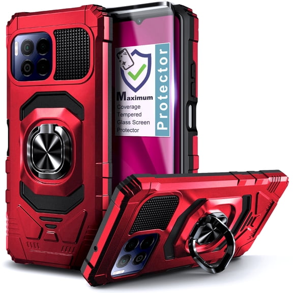 Compatible for T-Mobile Revvl 7 Pro 5G Phone Case with Tempered Glass Screen Protector, Nagebee Full-Body Protective [Military-Grade] Magnetic Car Mount Ring Holder Durable Cover (Red)