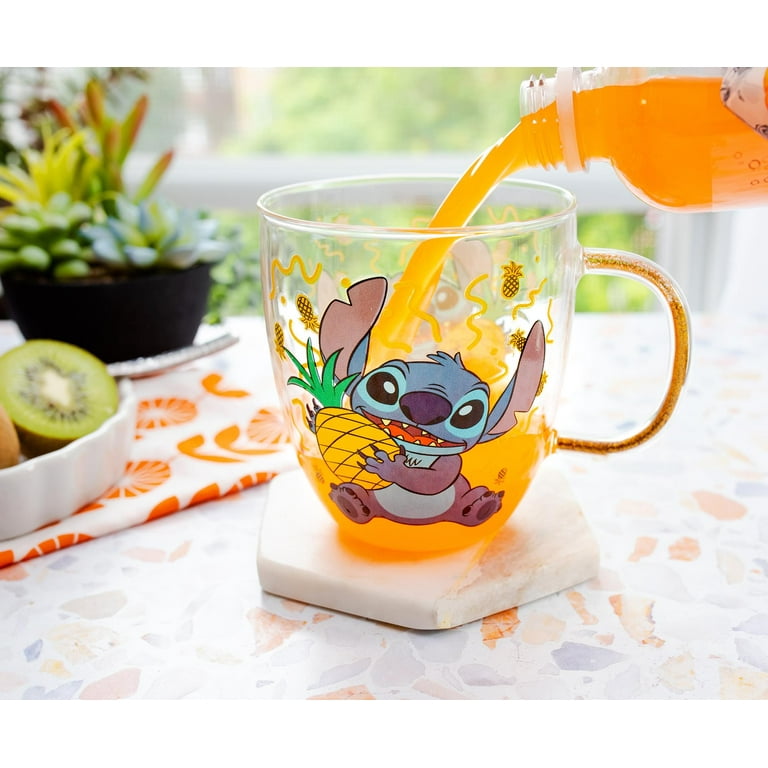 Disney Lilo & Stitch Pineapples 14oz Glitter Handle Glass Mug