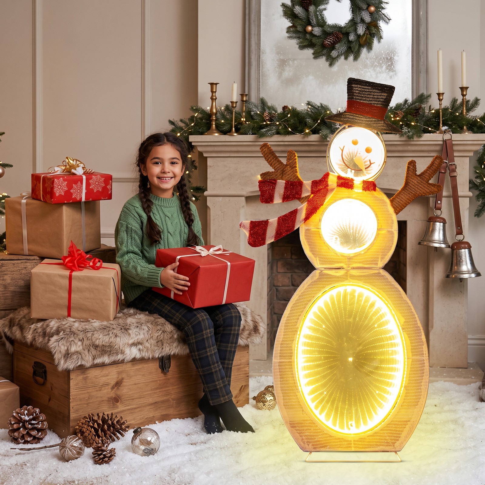 RUIE 2.6 Feet Lighted Snowman Christmas Decoration with 105 LED Lights and Metal Stand for Outdoor Yard Porch Holiday Display, Multicolor