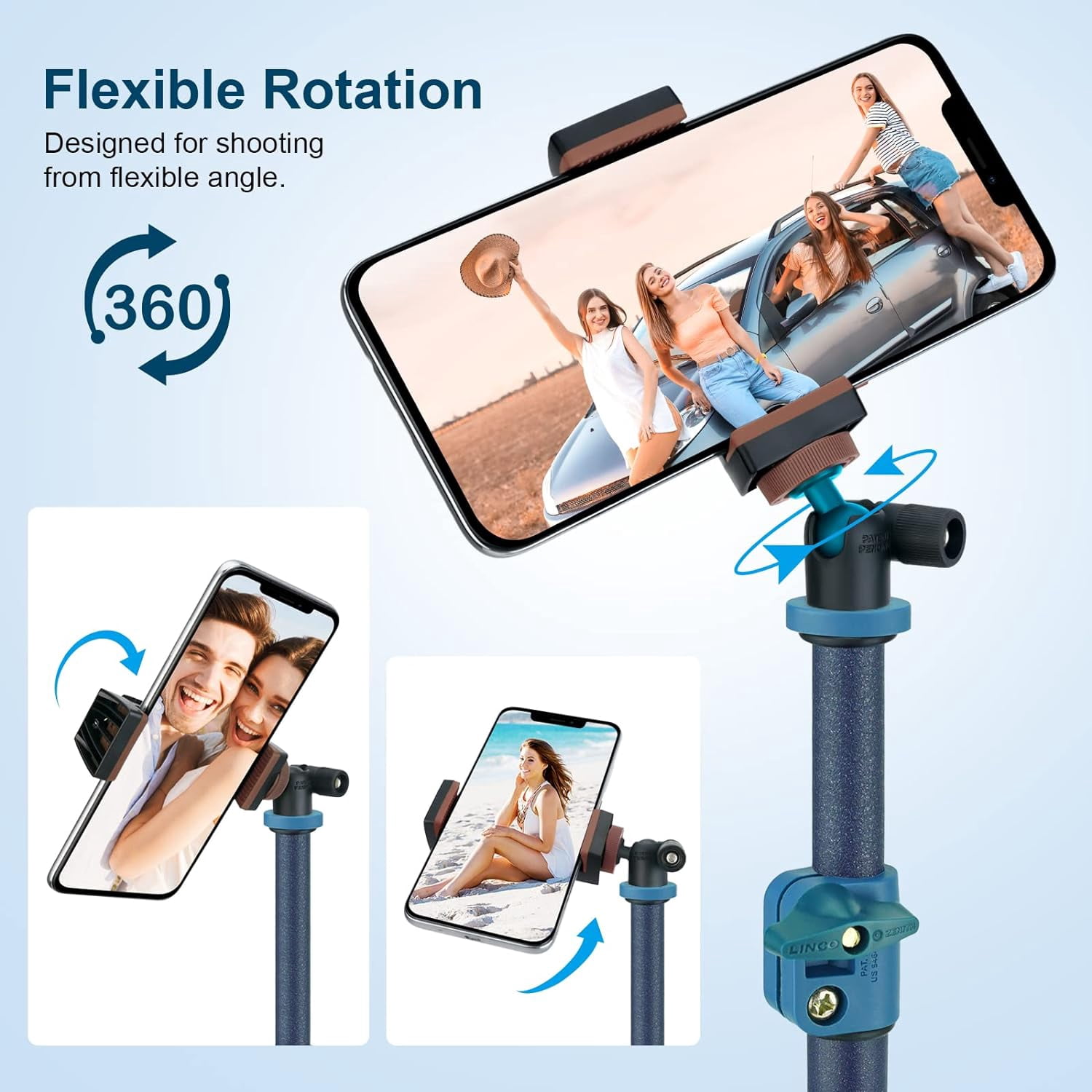 LINCO Adjustable iPhone iPad Selfie Stick Tripod 52” Bluetooth Remote Mic Stand Tablet Holder -Blue