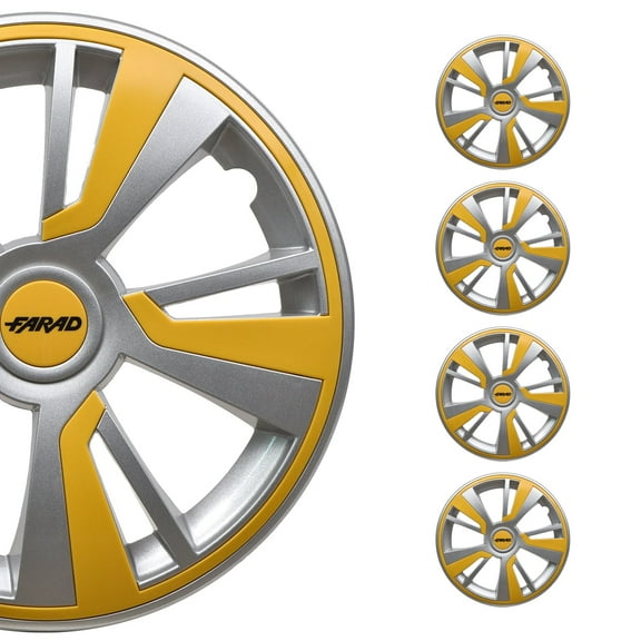 OMAC - Gray with Yellow Hub Caps 14 Inch Set of 4, Tapas para Rines 14, Premium Wheel Covers 14 Inch, R14 Rim Cover Set, Snap On Durable Car Replacement Exterior Accessories
