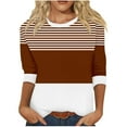 thumbnail image 2 of CLOISE Womens Shirts Fall Fashion Striped Tees Round Neck 3/4 Sleeve Tops Casual Color Block Basic Shirts Flowy Outfits Brown XL, 2 of 5