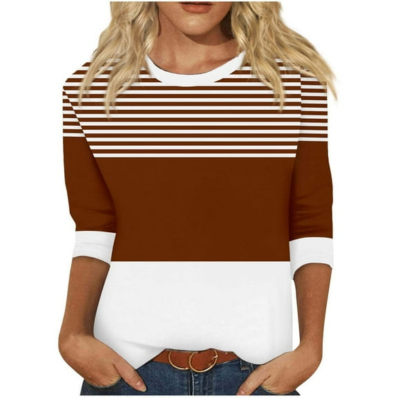 Womens 3/4 Length Sleeve Tops Fall Striped Trendy Casual Loose Fit Crewneck Sweatshirts Basic Work Daily Wear Tops,Brown 1,M