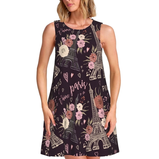 Balery Romantic Paris Vestidos de verano para mujer con estampado: vestido holgado sin mangas, vestido playero informal y cómodo para días calurosos.