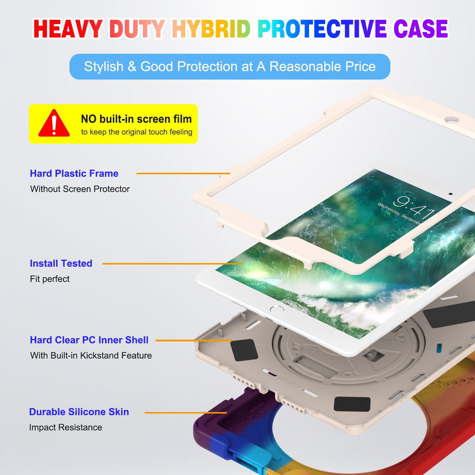 iPad 6th/5th Generation Case Kids, iPad 9.7 Case with Pencil Holder, Heavy Duty Shockproof Protective Rugged iPad 9.7 Case with Stand/Hand Strap for iPad Air 9.7-inch 2018/2017 - Rainbow Red