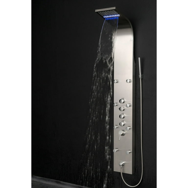 63 in. 8-Jet Shower Panel System in Stainless Steel with Rainfall Waterfall LED Shower Head and Hand Shower Wand 63 in. 8-Jet Shower Panel System in Stainless Steel with Rainfall Waterfall LED Shower Head and Hand Shower Wand