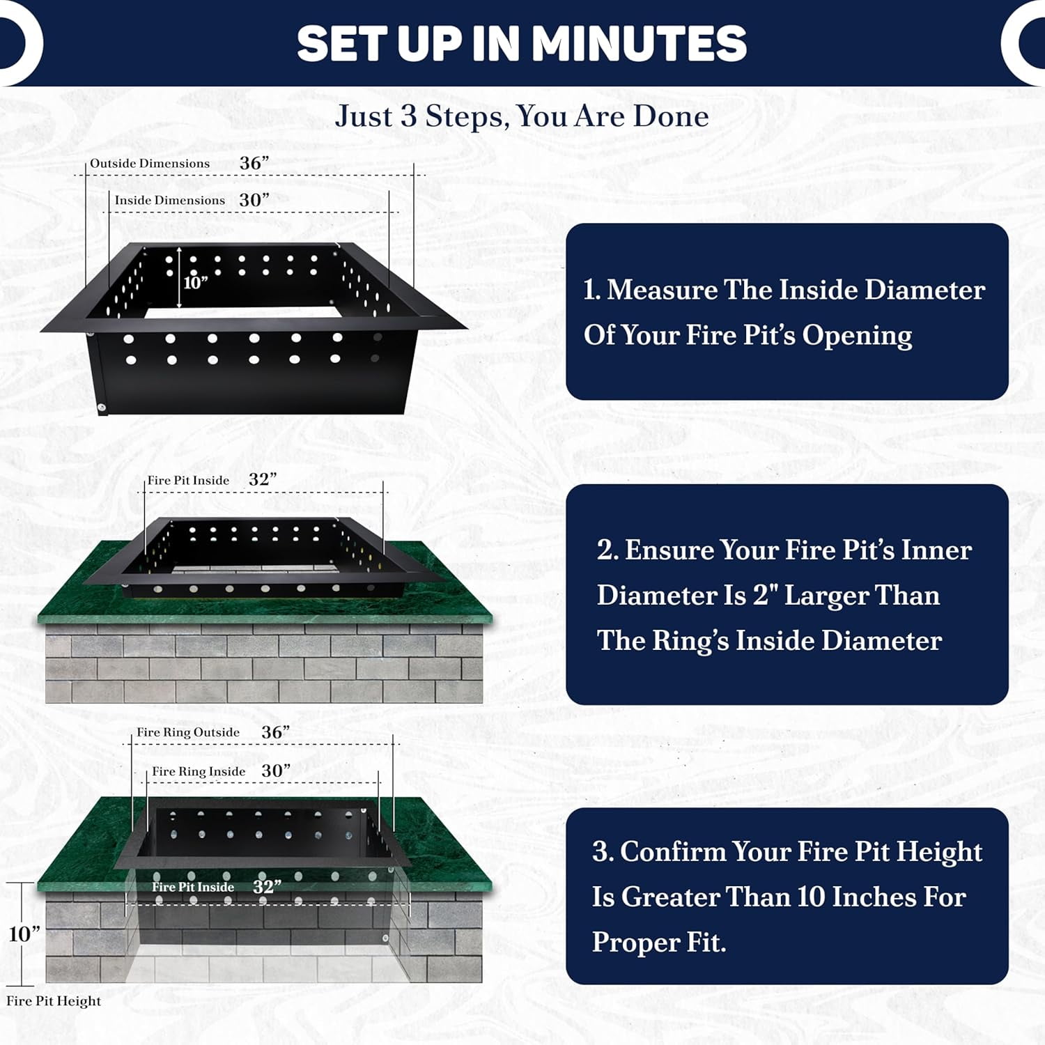 FEBTECH Smokeless Fire Pit Insert Square - 36 inch OD & 30 inch ID - With Heat Resistant Coating For Outdoor Bonfire