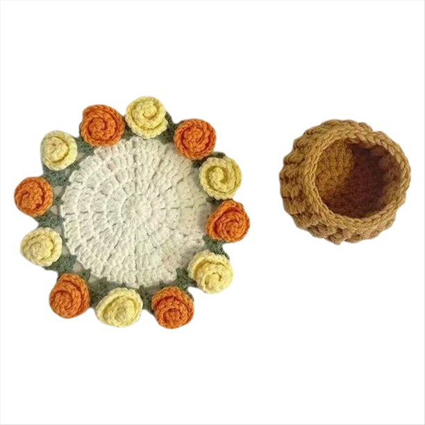 Posavasos con Ramo de Rosas, Mantel Individual de Flores de Ganchillo, Mantel de con Ramo Tejido A Mano, Adornos para el Hogar, Escritorio, Plantas en Maceta con Cesta B