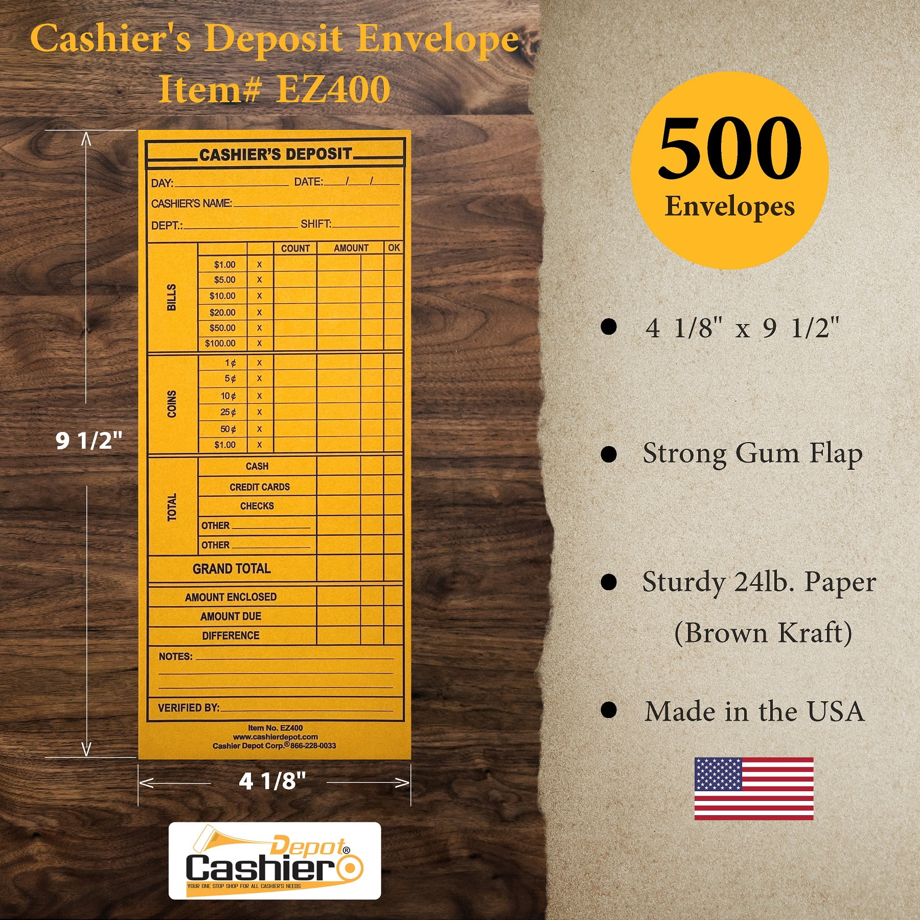 500 Cashier Depot EZ400 Cashier's Deposit Report Envelope, 4 1/8" x 9 1/2", Premium 24lb. (500 Envelopes)