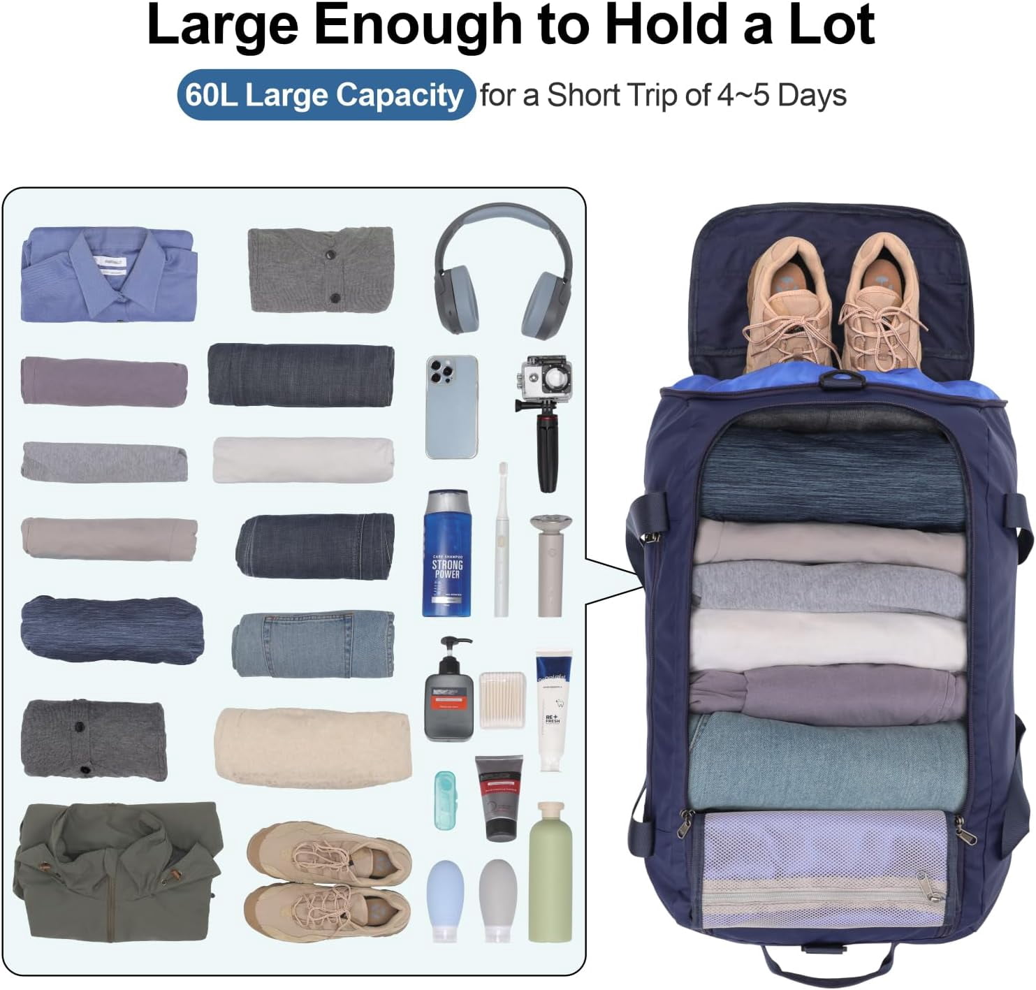 Airport Luggage Checked Bag - 60L Travel Duffle Bag for 4-5 Day Short Trip, Compact Foldable Travel Duffel Bags for Traveling with Shoe Compartment for Men Women, Checked Luggage, Dark Blue