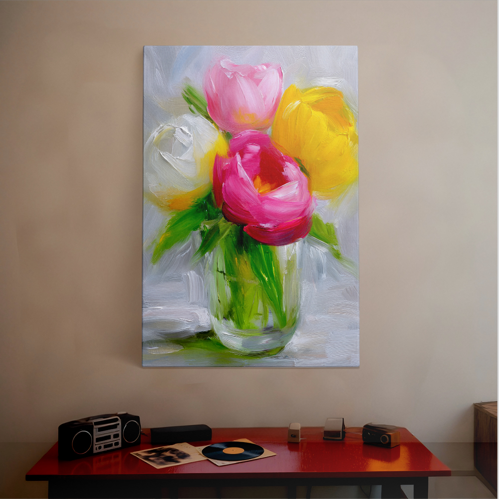 Topbout Art Abstract Painting Style Tulips in a Glass Vase 28 in x 40 in Framed Painting Canvas Art Prints