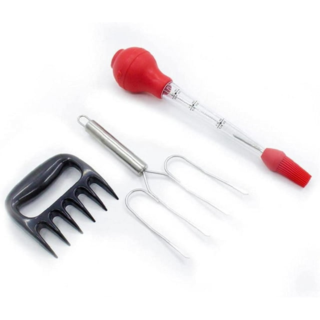 Outil de Rôtissage de Dinde 4 Pcs Pompe à Assaisonnement de Dinde en Silicone Séparateur de Viande Attrape-Ours Fourchette de Dinde en Acier Inoxydable Ensemble d'Outils de Barbecue Outils de Dinde Traitement Attrayant