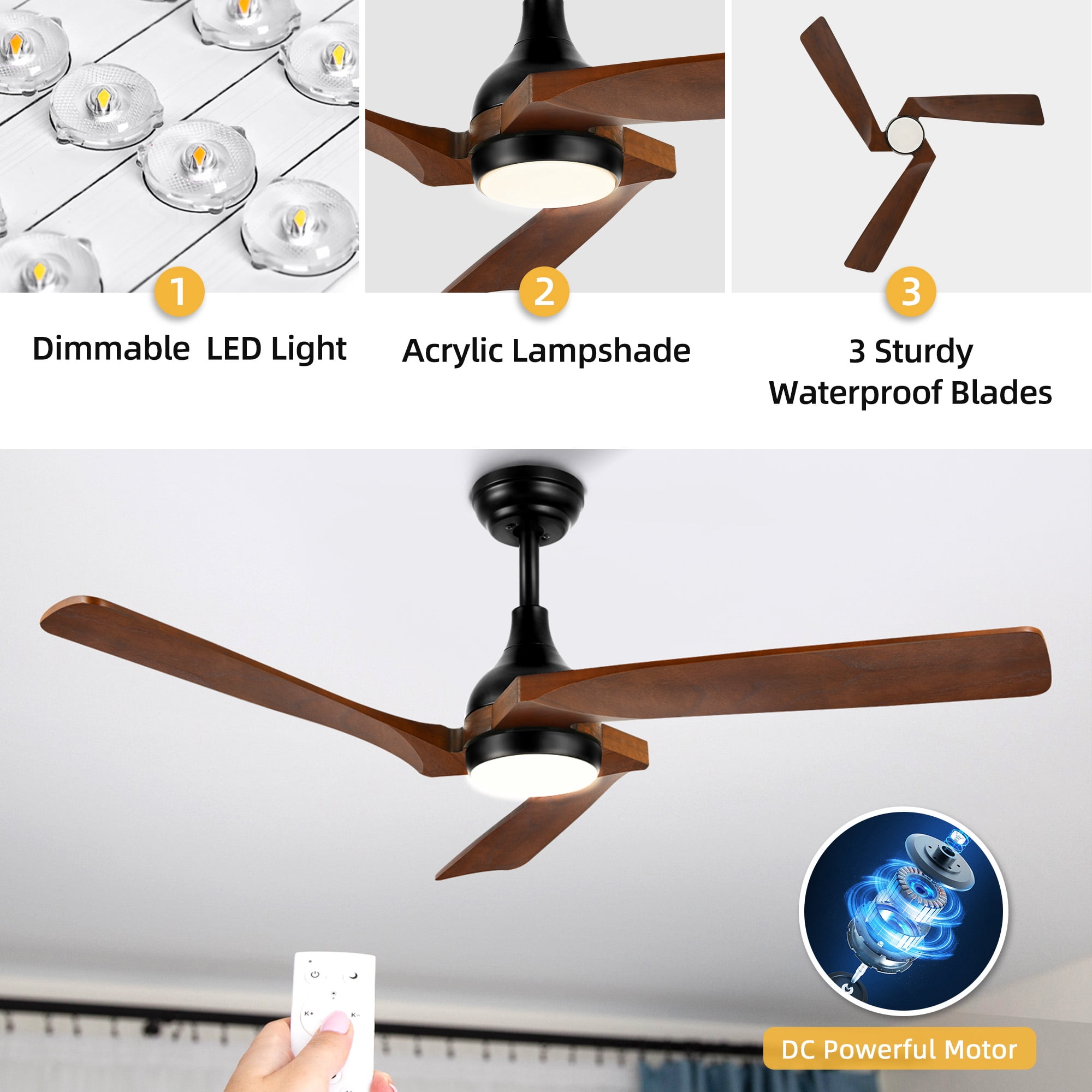 DWVO 52in Ceiling Fan with lights Remote Control, Modern Ceiling Fan with 6-Speed, 3 Solid Wood Blades - Walnut & Black
