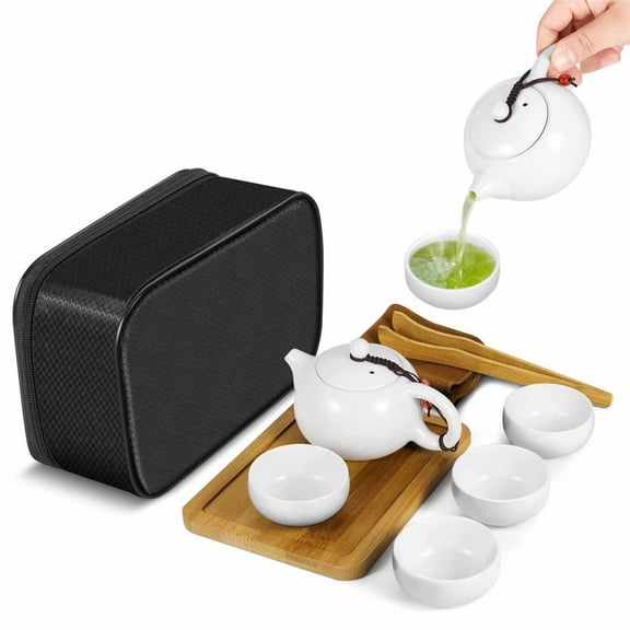 Chinese Japanese Vintage Kungfu Gongfu Tea Set Portable Travel Teapot, White Porcelain Porcelain Ceramic Tea pot, 4 Tea Cup, Bamboo Tea Tray, Tea Mat, Portable Travel Bag